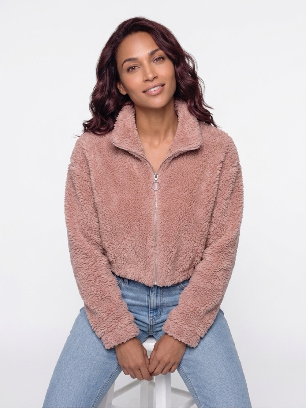 Timing Dusty Rose Teddy Fleece Cropped Zip Jacket Womens M Sherpa Cozy